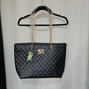 Quilted Tote Bag Gold Chain Strap Black Faux Leather DM Logo